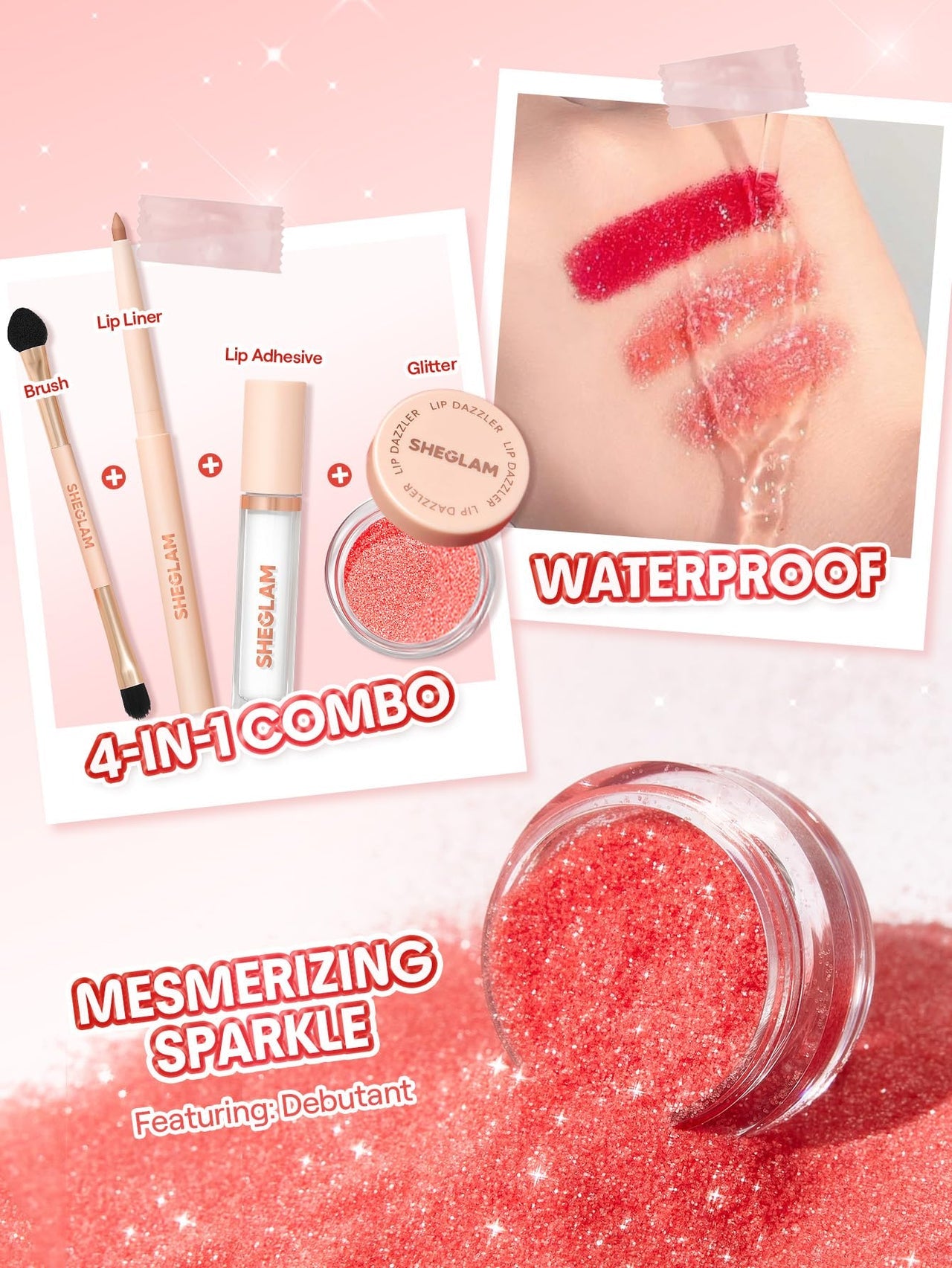 SHEGLAM Lip Dazzler Glitter Kit Long-Lasting Glitter Lip Gloss Sexy Super Stay Non-Sticky Shiny Liquid Kit Lipstick Y2K-Curtain Call