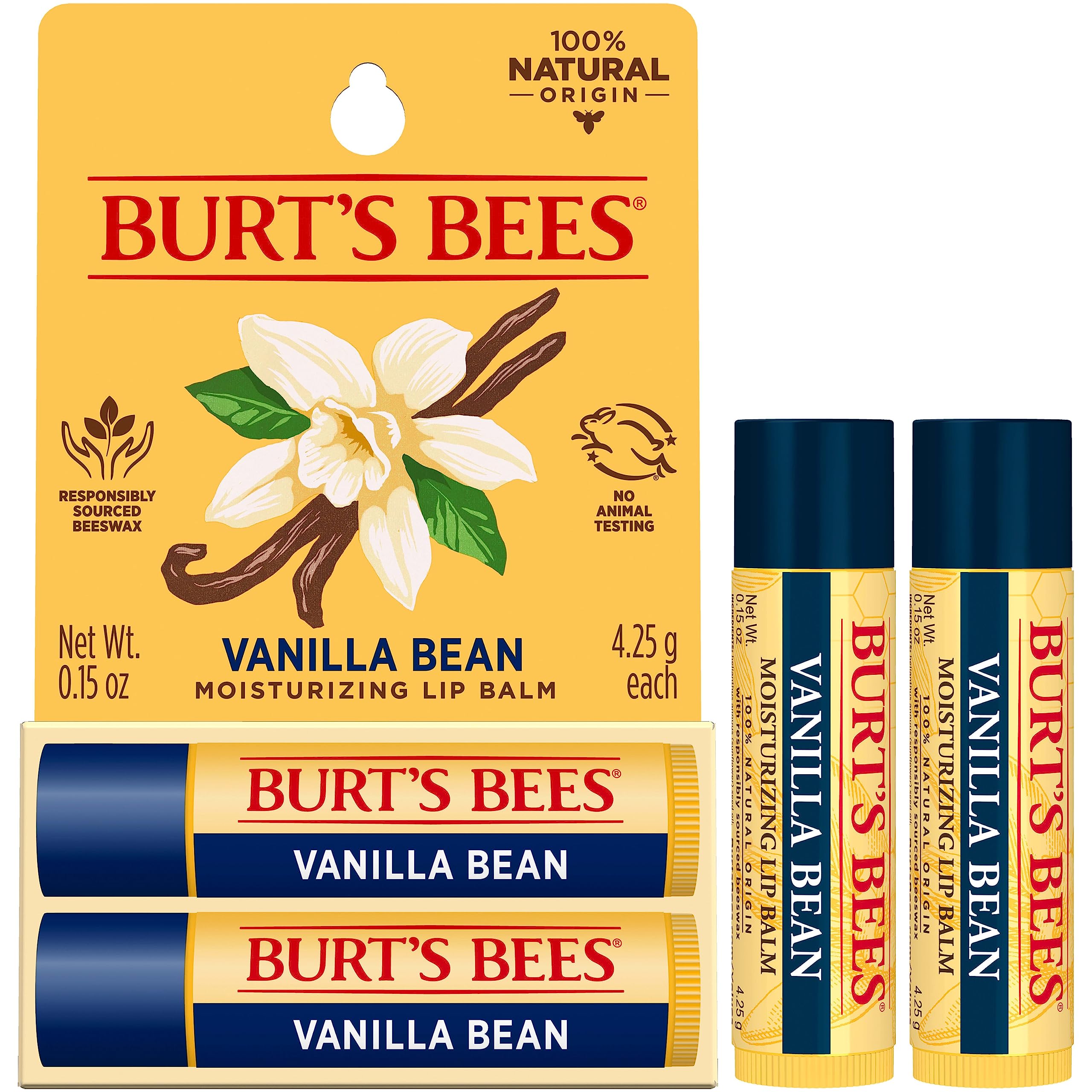 Burt's Bees Lip Balm - Vanilla Bean, Lip Moisturizer With Responsibly Sourced Beeswax, Tint-Free, Natural Origin Conditioning Treatment, 2 Tubes, 0.15 oz.