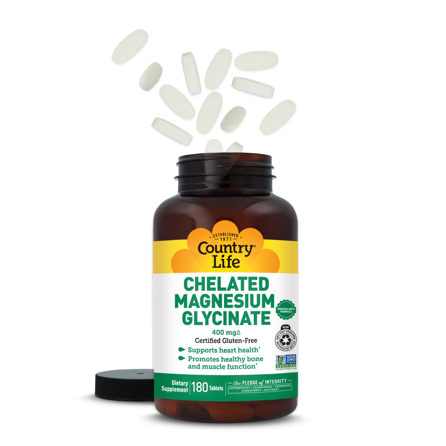 Country Life Chelated Magnesium Glycinate 400mg – High Absorption Magnesium Supplement for Muscle Relaxation, Energy, Bone & Immune Support – Gluten-Free, Vegan, Halal, Non-GMO Verified - 180 Tablets