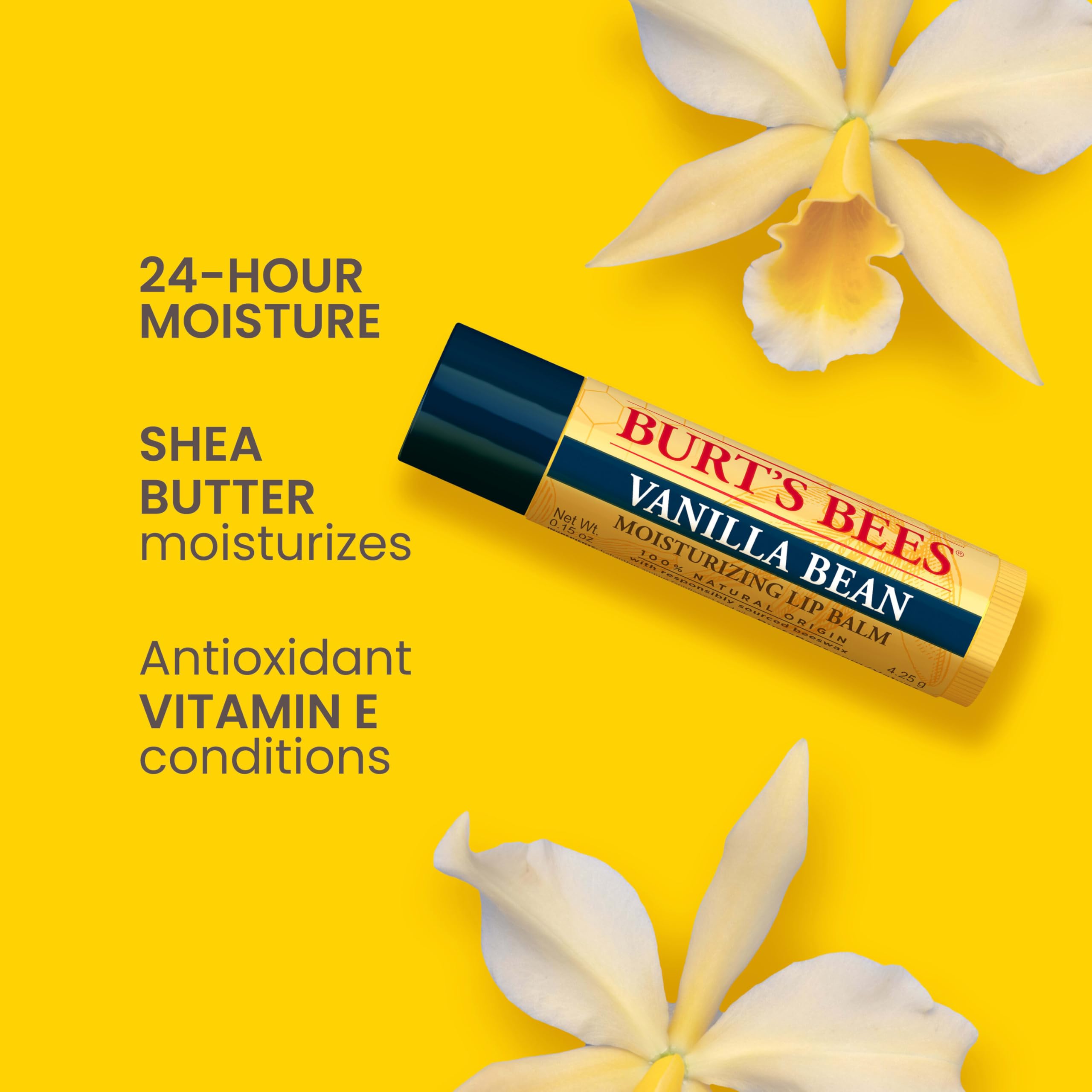 Burt's Bees Lip Balm - Vanilla Bean, Lip Moisturizer With Responsibly Sourced Beeswax, Tint-Free, Natural Origin Conditioning Treatment, 2 Tubes, 0.15 oz.